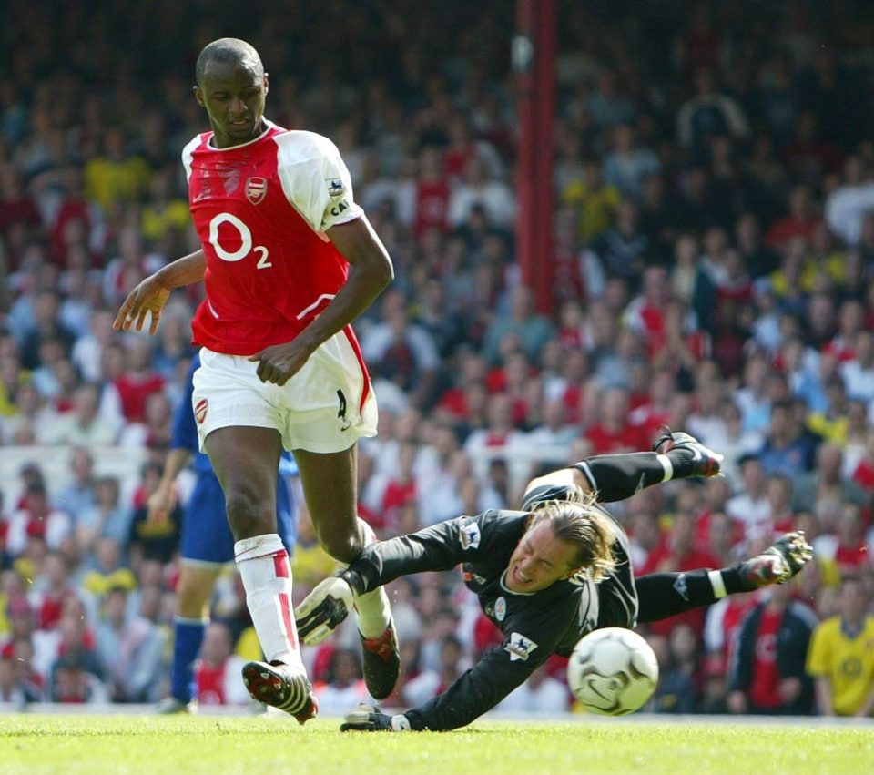 arsenal's patrick vieira scores against leicester during the invincibles season in his adidas predator pulse
